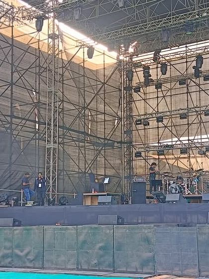 The Sid Sriram stage in Hyderabad, now with LED screens and lighting rigs being installed. Our scaffolding provides the perfect framework for integrating all technical aspects of a modern concert production.