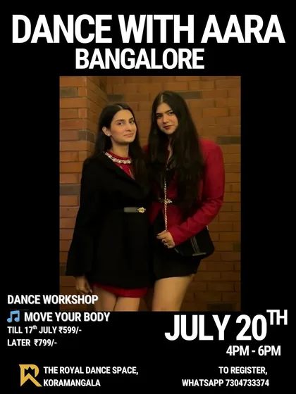 Poster for a Bollywood Freestyle workshop with the dynamic duo 'Dance with Aara' on "Move Your Body".