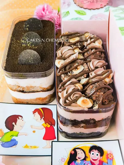 My tub cakes are perfect for gifting, like these special ones for Rakhi. This box features a Tiramisu tub cake and a Ferrero Rocher tub cake, both rich, creamy, and easy to enjoy.