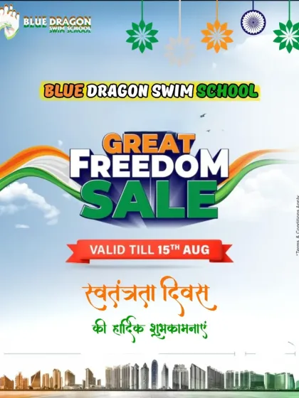 We celebrate national holidays with a splash. This graphic announces our Great Freedom Sale for Independence Day, combining patriotic wishes with special swimming offers.
