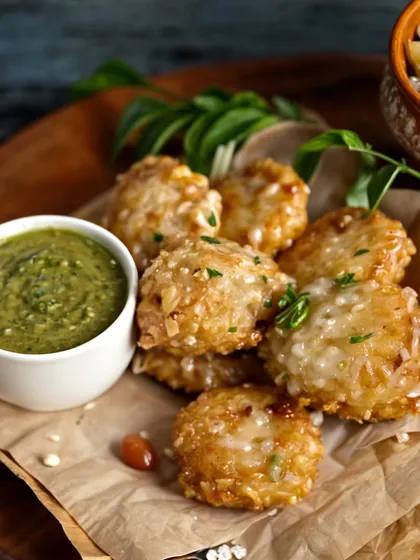 Experience the authentic flavors of Navratra with our mouthwatering Satvik dishes. This platter features crispy Sabudana Vada served with a fresh green chutney.