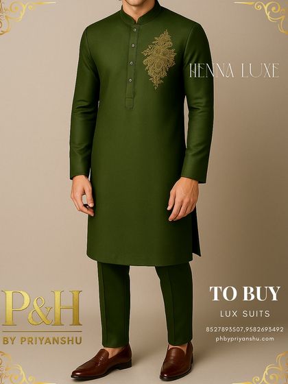 A full-length shot showing the complete kurta and trouser set.