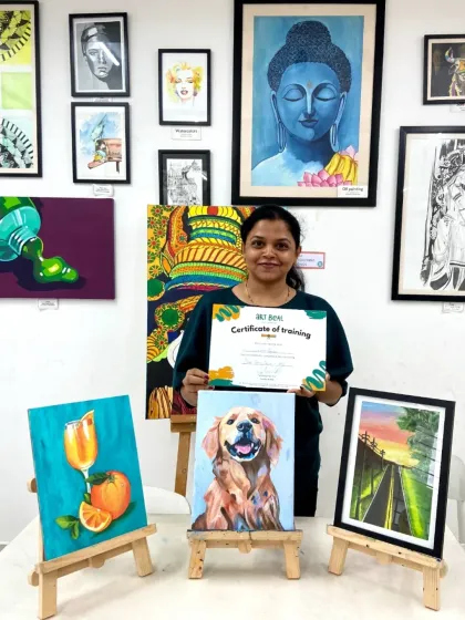 Celebrate your progress with us. This student just completed her short-term course and is taking home three beautiful acrylic paintings and a certificate of training. We provide all the materials and guidance you need.