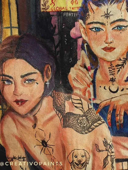 A close-up view of the portrait work. You can see the detail in the facial expressions, the shading on the skin, and the tiny tattoos that make this piece so personal and unique.