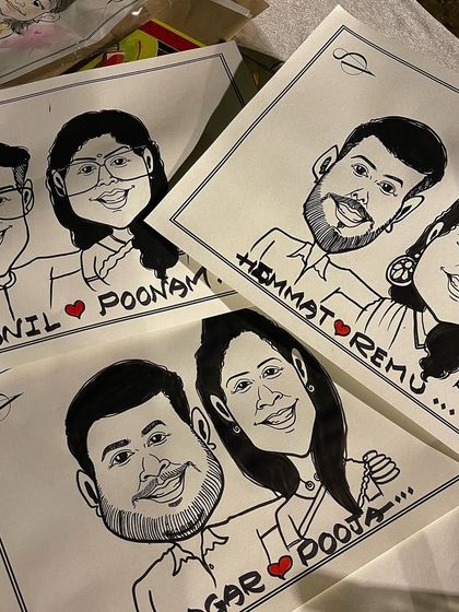 A collection of couple caricatures from a wedding at the Taj Hotel. It's wonderful to see the different personalities shine through in each drawing.
