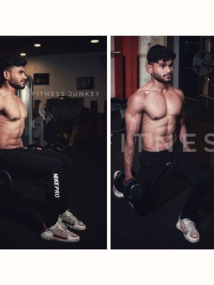 This diptych captures the form and intensity of a dumbbell lunge. Showing two phases of the movement adds a dynamic quality to the portfolio, demonstrating both strength and proper technique.