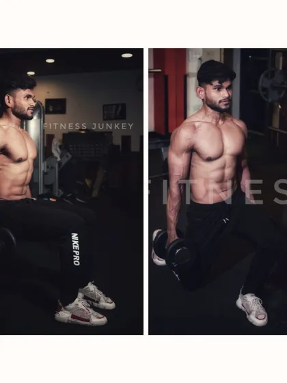 This diptych captures the form and intensity of a dumbbell lunge. Showing two phases of the movement adds a dynamic quality to the portfolio, demonstrating both strength and proper technique.