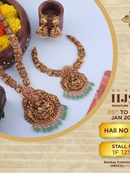 This complete temple jewellery bridal set includes a short necklace, a long haar, and matching jhumkis. The antique finish and detailed deity carvings are hallmarks of our heritage craftsmanship.