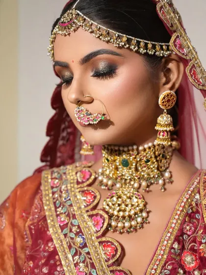Another angle of this intricate look, focusing on the dramatic eye makeup and the stunning floral nath (nose ring). Every detail is carefully considered to build a cohesive, artistic vision.