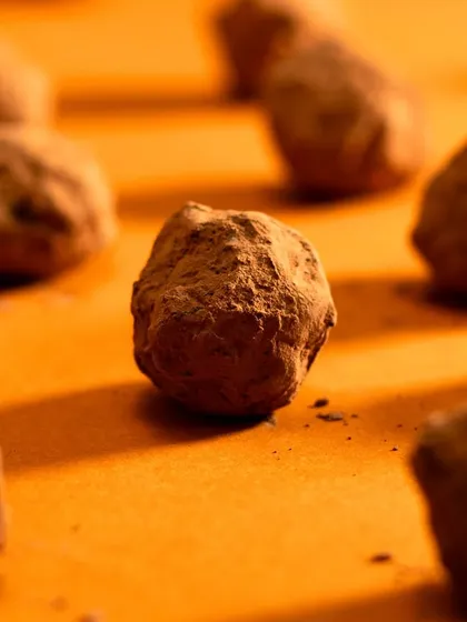 The companion shot to the cross-section, showing the rustic, cocoa-dusted exterior of the truffles. Together, they tell a complete story of the product.