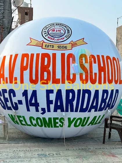 Here is the finished D.A.V. Public School balloon at my workshop before delivery. You can see the clear, bold printing of the school's name, address, and logo.