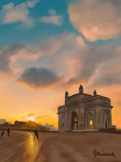 A peaceful sunset over the Gateway of India. This piece showcases a more painterly, impressionistic style, perfect for capturing the beautiful light and colors of a city at dusk.