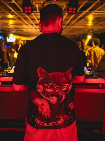 My cool cat t-shirt, seen from behind the decks.