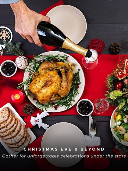 A festive Christmas Eve dinner spread, complete with a roasted turkey and all the trimmings. This image captures the warmth and abundance of our holiday celebrations.