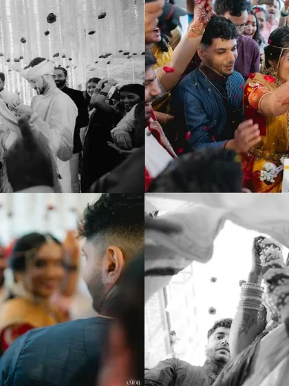 A mix of color and black and white shots capturing the vibrant chaos of the ceremony. From guests taking photos to the shower of petals, it shows the wedding from different perspectives.