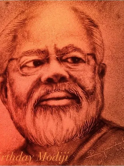 A sand portrait tribute to Prime Minister Narendra Modi on his birthday. I use fine grains of sand to capture the details and character of inspiring personalities.