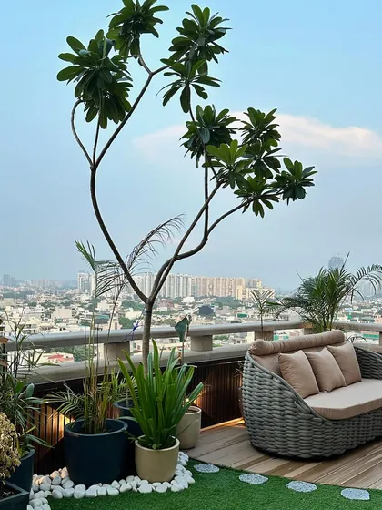 This is what we call a private retreat in the sky. We designed this rooftop terrace with a mix of natural turf, large potted trees, and comfortable seating to create a luxurious garden with a breathtaking city view.