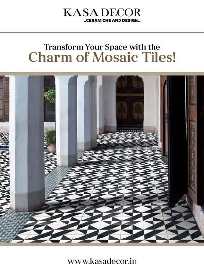 A long corridor featuring a bold, geometric black-and-white mosaic tile. This design transforms the space with its captivating pattern, showcasing the charm of mosaic artistry.