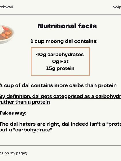 This infographic series tackles the viral claim that "dal is not a protein." I break down the nutritional facts, the importance of cultural context, and why labeling foods as just "carbs" or "protein" strips them of their true value. Ultimately, your digestion and the overall balance of your diet matter more than macronutrient labels.