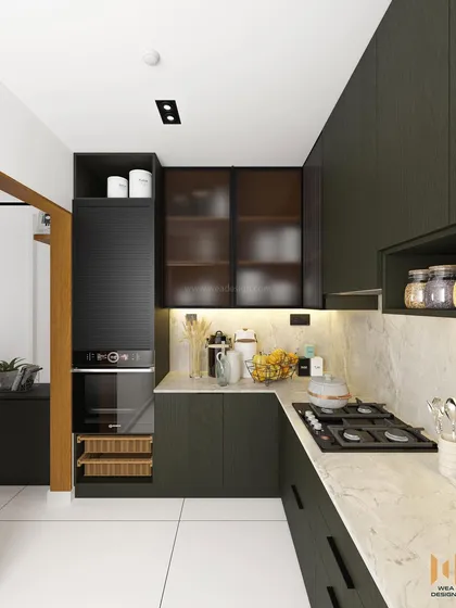 A view of the tall unit with a built-in oven and wicker baskets for vegetable storage, combining modern and rustic elements.
