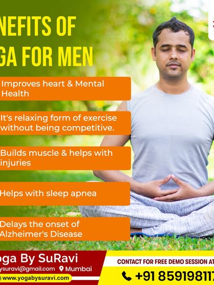 An infographic on the benefits of yoga specifically for men, including improved heart health, muscle building, injury recovery, and better sleep.