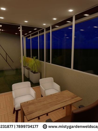 A closer look at the WFH setup in our 3D design, showing how a compact desk and chairs can be perfectly integrated into the terrace room.