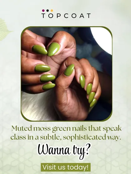 I love it when clients are bold enough to try unique colors. This muted moss green is sophisticated and classy, proving that you don't always need bright colors to make a statement. These almond-shaped nails look incredibly chic and modern.
