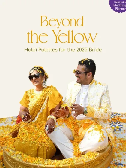 The cover image for my 'Beyond the Yellow' Haldi palettes, featuring a happy couple drenched in turmeric. It’s a promise of fresh, modern ideas for your Haldi.