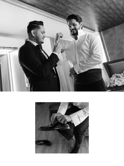 The groom gets help with his attire from his best man. This black and white collage captures the camaraderie and support of friendship on a wedding day.