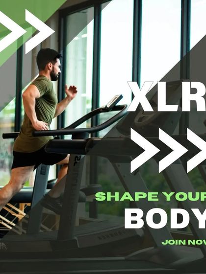 Shape Your Body, Join Now. A graphic of a man running on a treadmill, promoting cardio as part of a complete fitness plan.