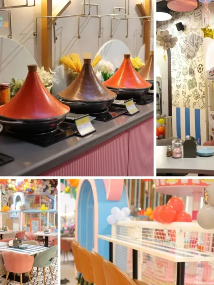 Every corner is filled with joy and yummy food! This collage shows our stylish food buffet area, arcade games, and colorful play zones that make our venue so special.