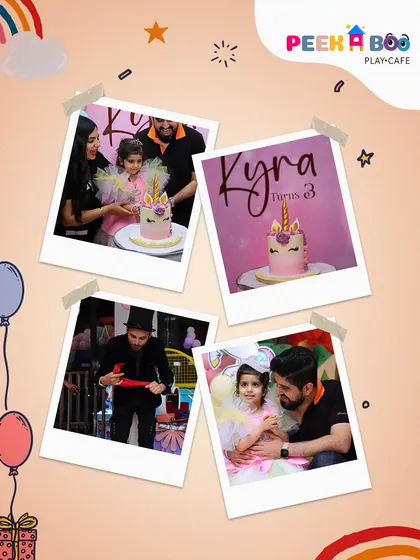 A collage from Kyra's 3rd birthday, featuring moments with the magician, the unicorn cake, and family photos.