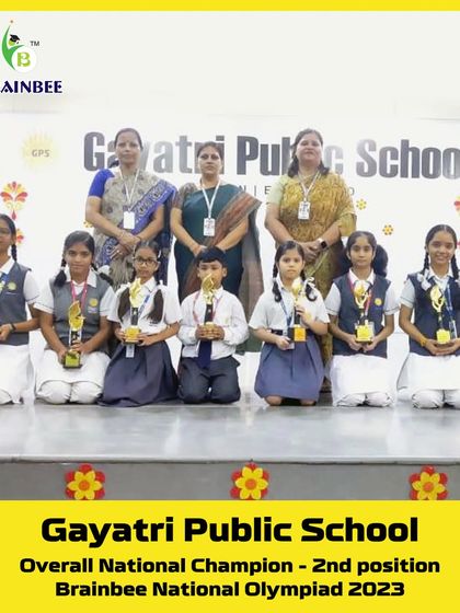 Proud winners from Gayatri Public School, Agra, celebrating their school's national-level achievement in 2023.