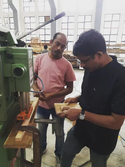 Here, students use a combination of a mortising machine and hand tools to create a mortise joint. This hybrid approach teaches resourcefulness and how to get the best results with the tools available.