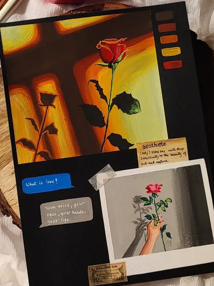 A finished journal spread with a golden hour, shadow art theme. I painted a rose and its shadow, along with a polaroid-style painting and some text bubbles.