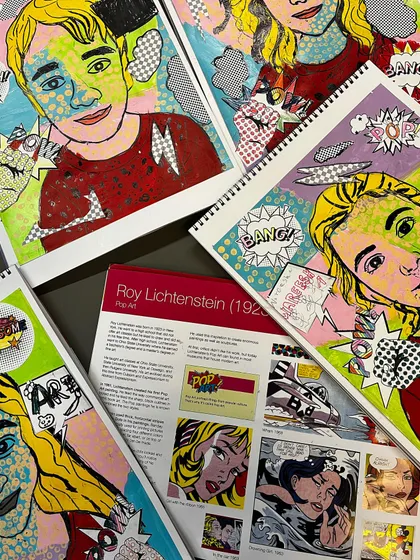 A collection of Pop Art portraits inspired by Roy Lichtenstein, showcasing the use of Ben-Day dots, bold outlines, and comic book aesthetics.