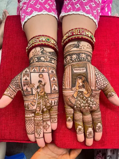 Your story, told through mehndi. This personalized Karva Chauth design features a classic scene of the wife viewing the moon, with the husband's name artfully hidden. I love creating these unique, narrative-driven pieces for your special festivals.