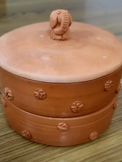 This is my custom-designed clay sprout maker. It's a healthy, eco-friendly alternative to plastic, designed with a two-tier system and an elephant-adorned lid for a touch of whimsy in your kitchen.