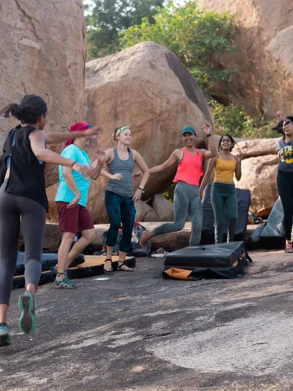 A warm-up dance party at the boulders! We always find ways to bring fun and energy to our outdoor sessions.