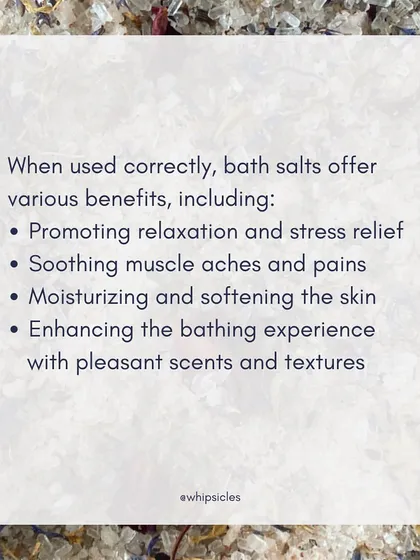 This graphic lists the benefits of bath salts, such as promoting relaxation, soothing muscle aches, and softening the skin.