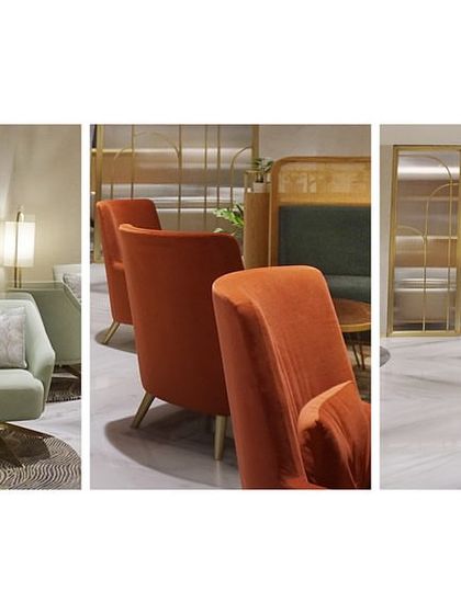 A collage showcasing different seating arrangements in the main lounge at Bangalore International Airport. We used curved sofas and a mix of rust red and green fabrics to create variety and privacy within the open floor plan.