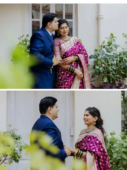 A sweet moment between Alok and Shilpa, framed by the surrounding greenery. The groom's gentle kiss on the forehead is a timeless expression of love.