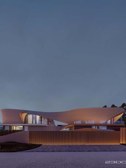 The Gemini House at dusk, where the illuminated boundary wall and interior lighting accentuate its unique, fluid form. The design is a bold statement of interconnected living and architectural poetry.