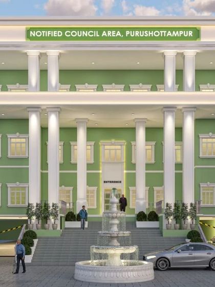 The grand facade of the Notified Area Council building in Purushottampur, Odisha. The design blends traditional columns with a modern, stately presence.