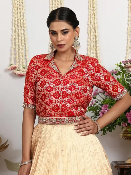 A detailed shot of the collared blouse, showing the intricate Bandhani-inspired embroidery and craftsmanship.