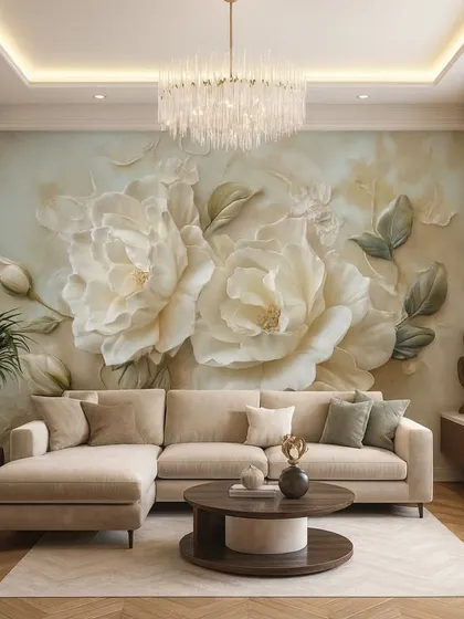 A beautiful and serene wallpaper with large, creamy white roses. The soft, painterly style of this floral mural adds a touch of classic artistry to the wall.