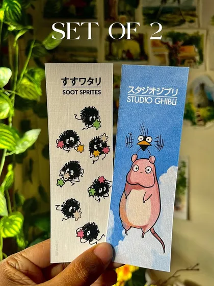 A closer look at two of the Ghibli bookmarks, featuring the Soot Sprites and the Otori-Sama from Spirited Away.