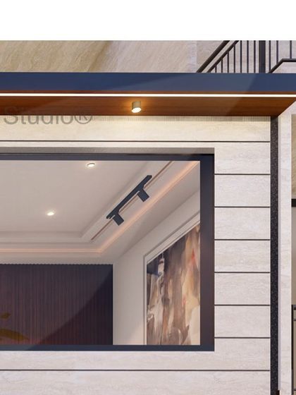 This render highlights the interplay of light and texture in the Palm Resorts foyer design. Track lighting on the ceiling and the stone-clad exterior wall create a sophisticated, gallery-like feel.