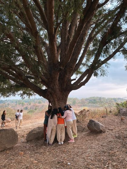 Students embrace a large, ancient tree, feeling its grounding energy. Connecting with nature is a core part of our practice here, reminding us of our roots and our connection to all living things.