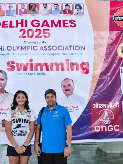 With my swimmer Amiera Singhal at the Delhi Games 2025. She secured two bronze medals on the first day of the Senior Delhi State Swimming Competition.